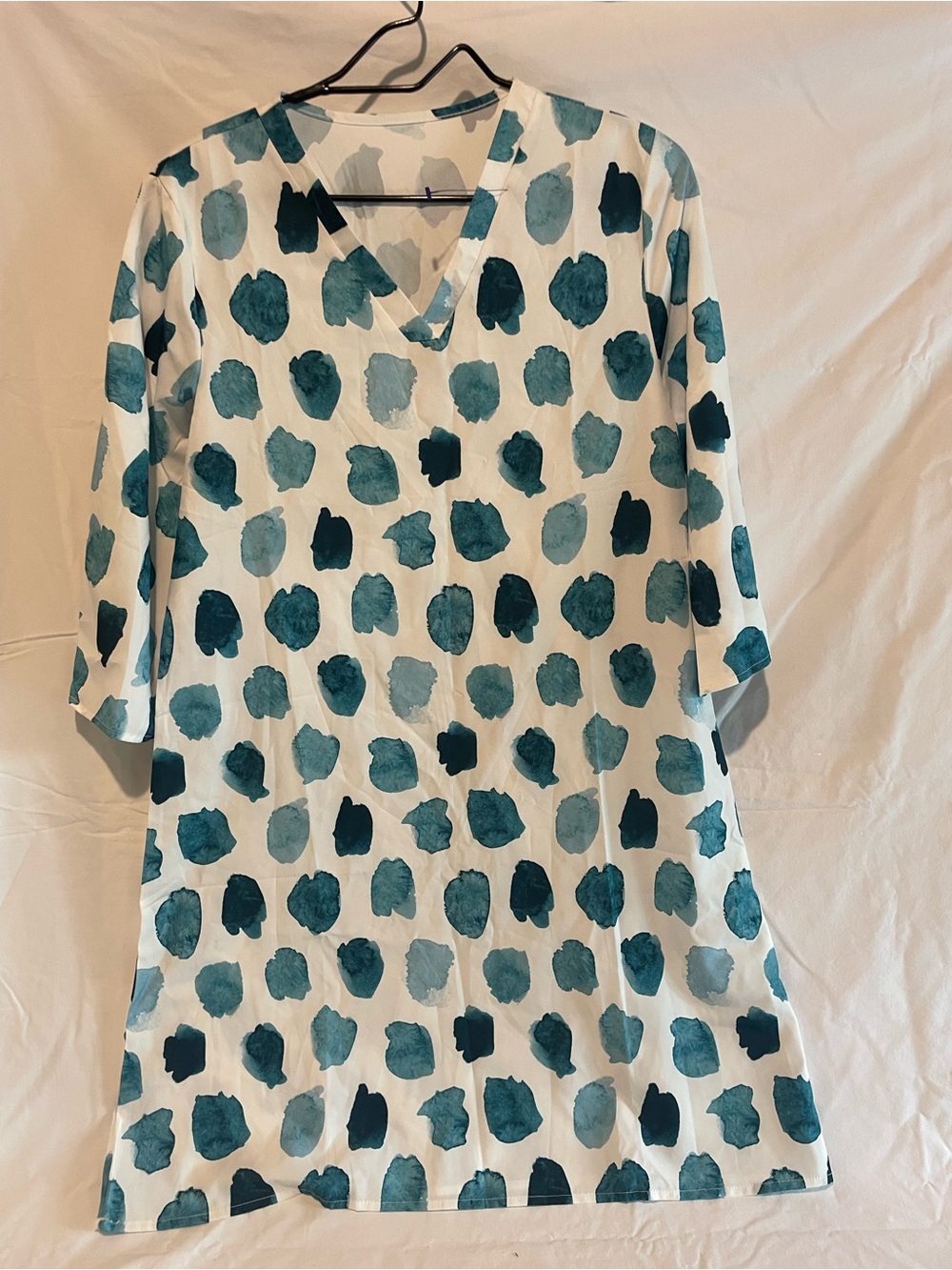 White Dress with Teal Spot Print. Size medium.